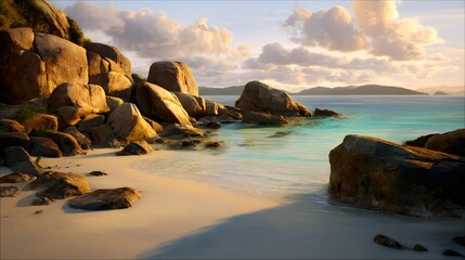 Rocky beach landscape showcases smooth golden sands meeting vibrant turquoise water under a dramatic sky filled with fluffy clouds during sunset, creating a serene and tranquil coastal scene.