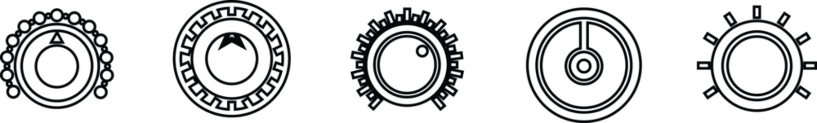 Volume Control Knob Icon Set and Audio Adjustment Dial Vector Collection Group of Sound Mixer, Music Equalizer, Tuning Button, Level Switch, Radio, Interface Symbol in Black Line Style