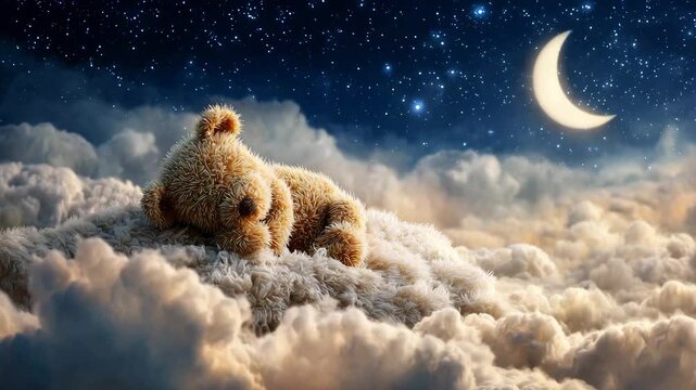 A cute teddy bear dozes on fluffy clouds in a starry sky. The stuffed toy sleeps and dreams, a banner for children with the concept of healthy sleep, the production of melatonin