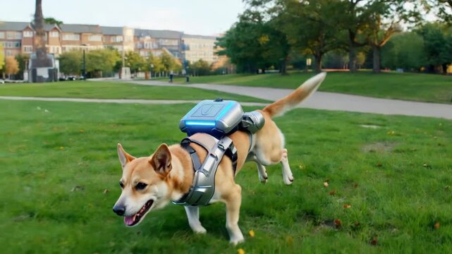 A photorealistic dog with a small futuristic jetpack flying in a modern urban park, playful motion and cinematic lighting, blending pet cuteness with sci-fi tech