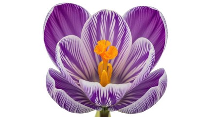 Striking Purple and White Crocus Flower Bloom on White Background