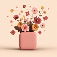 Stylized Floral Arrangement in Pink Vase with Floating Petals on Beige Background