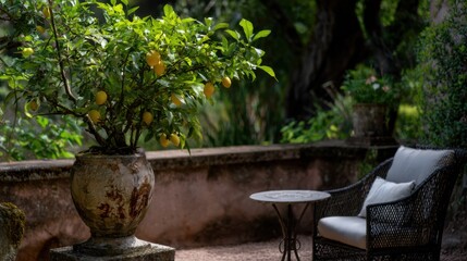 A lemon tree in an ornamental pot on the terrace of a villa, surrounded by garden furniture, greenery, and plants. The photo highlights the beauty of nature, creating a serene atmosphere. 