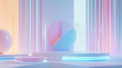 Layered holographic pie charts and line graphs spinning in mid-air over a minimalist digital workspace with a cool white and neon blue tone 
