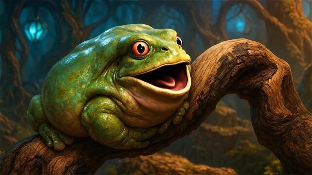 Wise Old Frog Character Resting on a Branch in a Magical Forest
