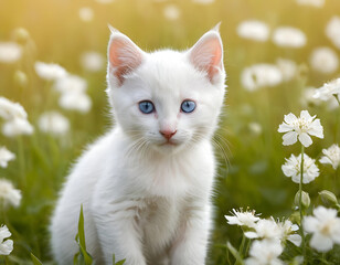 cat in the garden, A cute white kitten with blue eyes sits in a field of white flowers with soft lighting. white cat on green grass
