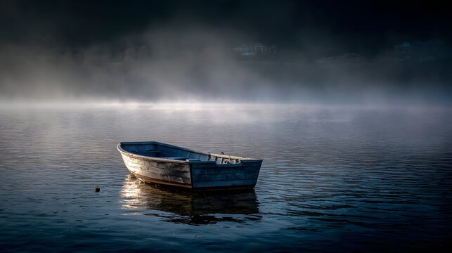 A small, weathered boat floats serenely on a tranquil lake, its surface reflecting the misty atmosphere and serene, dark sky, evoking feelings of peace and solitude amidst nature's gentle embrace.