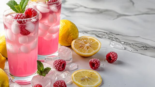 Two tall glasses of raspberry lemonade filled with ice and garnished with mint and lemon slices, creating a vibrant drink display