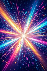 Fototapeta premium Vibrant abstract illustration featuring a starburst effect with bright neon light streaks, confetti shapes, and intense pink, blue, and orange tones.