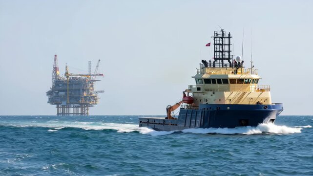 An offshore support vessel navigates through calm waters, approaching an oil rig in the background. The scene captures maritime activity in an industrial marine environment