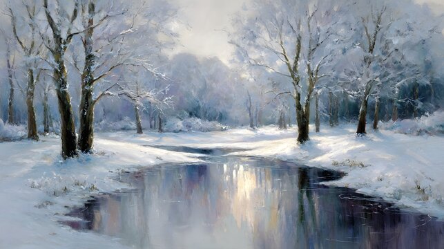 Serene winter landscape showcases a snowy scene with trees gracefully lining the edges of a reflective river or lake, creating a peaceful and calm ambiance, illuminated by soft