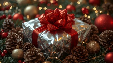Shiny silver gift box in festive background.