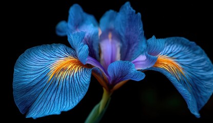 Close Up Iris Flower Displaying Blue Petals and Yellow Details Against Black Background