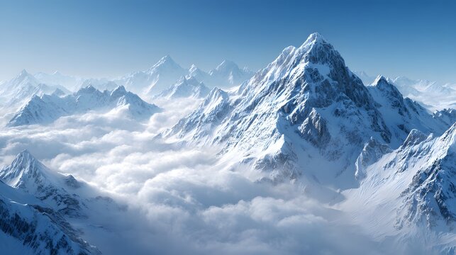 Majestic snow-capped mountains pierce through a sea of fluffy, billowing clouds, creating a dramatic and serene alpine landscape under a clear, bright blue sky.