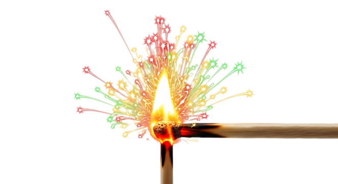 A matchstick igniting with a bright flame and colorful sparks against a black background scene