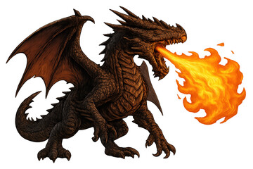 Dragon breathing fire with wings and scales illustration