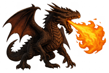 Dragon breathing fire with wings and scales illustration