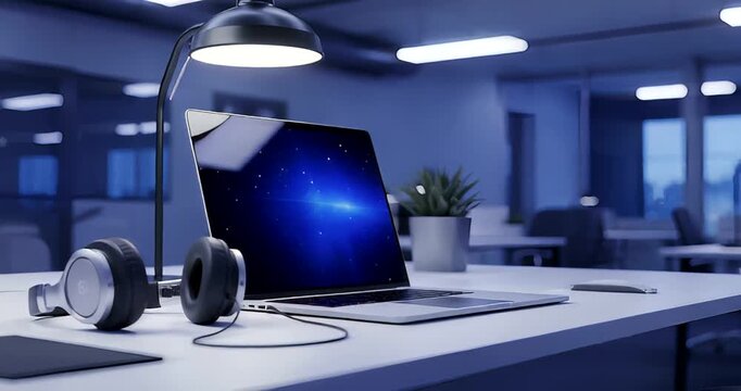 Modern workspace featuring a laptop and headphones in a stylish office