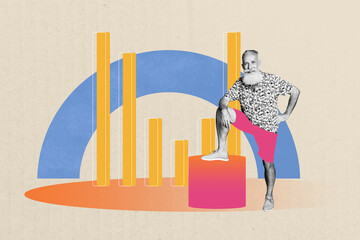 Collage design trend artwork sketch of happy old businessman stand chart development statistics aim achievement progress