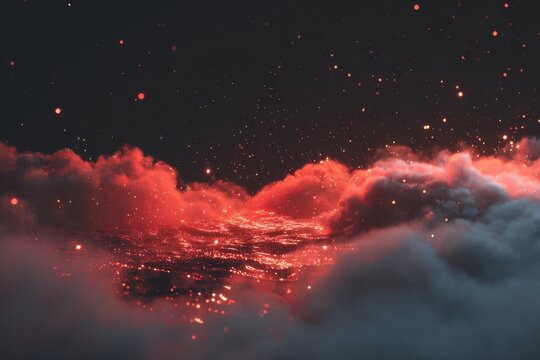 Abstract Red Lights Shining Through Wispy Clouds with Dark Sky Backdrop