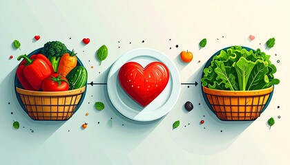 A healthy heart with fresh vegetables, salad and fruits on basket. This illustration representing the importance of healthy eating