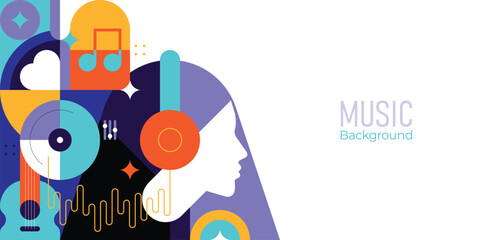 Geometric abstract music background with happy woman wearing headphones. Modern design concept for music festivals, parties, streaming, and entertainment promotions
