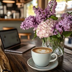 Latte Art Coffee Shop Flowers Laptop Workspace