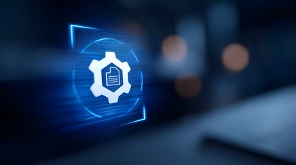 Digital document icon surrounded by technology symbols on blue background, concept of cloud data storage, workflow automation, and smart file management