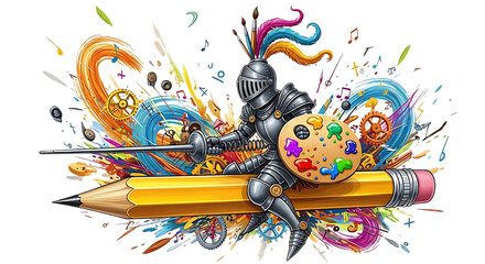 A knight in armor riding a pencil, holding a sword and a paint palette with abstract background