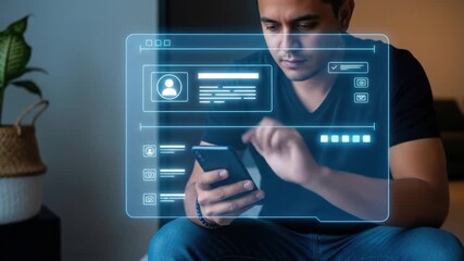 Man interacting with a holographic interface on a smartphone, creating a digital profile. - Powered by Adobe