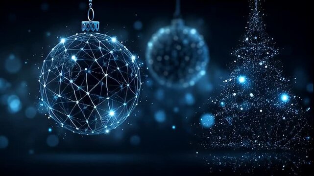 Festive Winter Decoration Digital Christmas Ornament with Glowing Blue Lights, Sparkling Tree, and Joyful Atmosphere