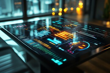 Smart business table with embedded glass displays, projecting layered bar graphs, income streams, and glowing statistics across its surface 