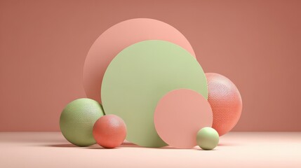 Elegant photo of pastel geometric shapes arrangement with spheres and circles on pink background.