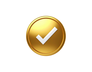Golden Badge with Check Mark, Isolated on White Background