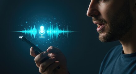 Man speaking into smartphone with glowing voice waveform and microphone icon