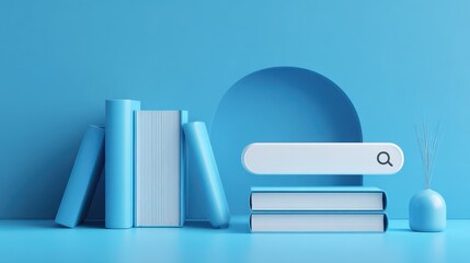 Elegant photo of books with a search bar on a blue background represent online learning.