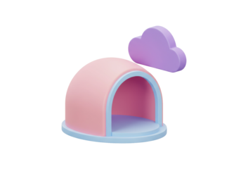 Pastel pink and blue toy house with purple cloud isolated PNG, cute 3D render for kids room decor and whimsical designs