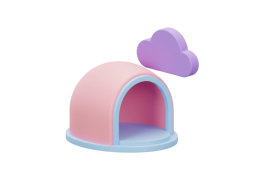 Pastel pink and blue toy house with purple cloud isolated PNG, cute 3D render for kids room decor and whimsical designs