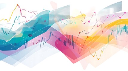 Ultramodern background filled with transparent KPI dashboards, scrolling stock tickers, and animated lines forming arrows and trends 