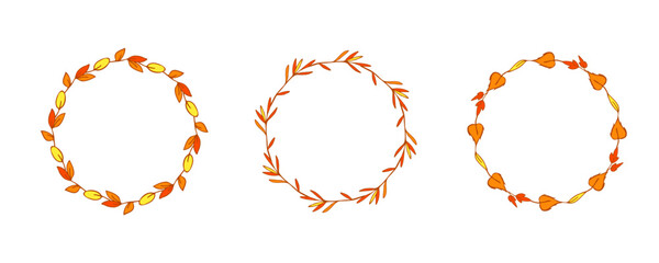 Fantasy leaves, twigs intertwined in autumn wreaths, shades of orange. Editable colored sketches
