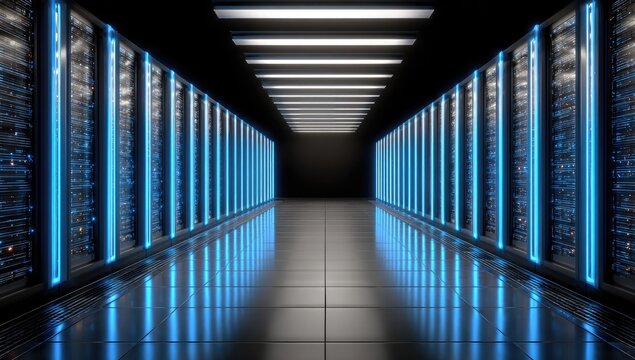 Long server room hallway with illuminated racks and glowing lights. Reflective floor, dark