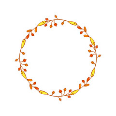 Fantasy leaves and berries intertwined in autumn wreath, shades of orange. Colored hand drawn design