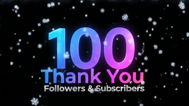 1 hundred followers, subscribers. Thank You, social sites post. Thank you followers congratulation card. Motion graphics. The Falling Snow On blue Background.