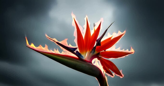 Vibrant bird of paradise flower illuminated against a dramatic cloudy sky