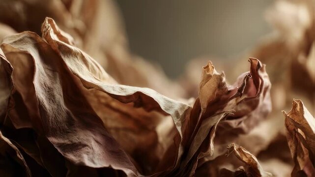 Focused medium shot of an abstract tobacco collage showcasing layered dried leaves and paper creating a rich organic pattern with a muted outoffocus backdrop.