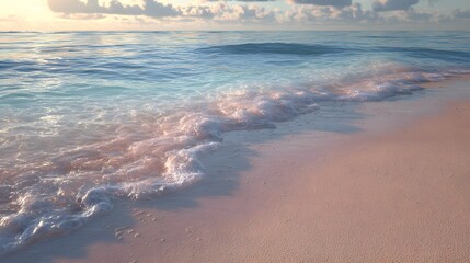 Gentle waves of turquoise and blue water wash onto a sandy beach at the coast, with the light of the morning sky reflecting on the surface, creating a serene and calming atmosphere for the viewer.