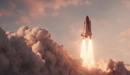 Pixelated Space Shuttle Launching Through Dense Cloud Formation Under Pink Hued Sky