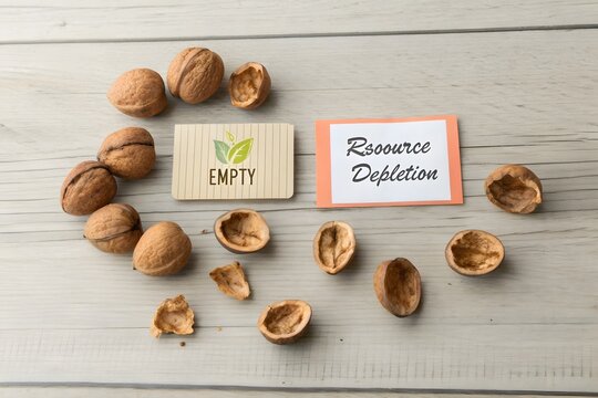 Flat lay of cracked walnut shells with empty and resource depletion labels