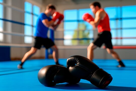 Boxing Training Session. A pair of boxers sparring in a gym with boxing gloves in the foreground, showcasing an intense and focused training session.