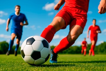 Kickoff Action.  Intense focus on a soccer player's foot connecting with the ball on a green field under a bright blue sky with opponents nearby.